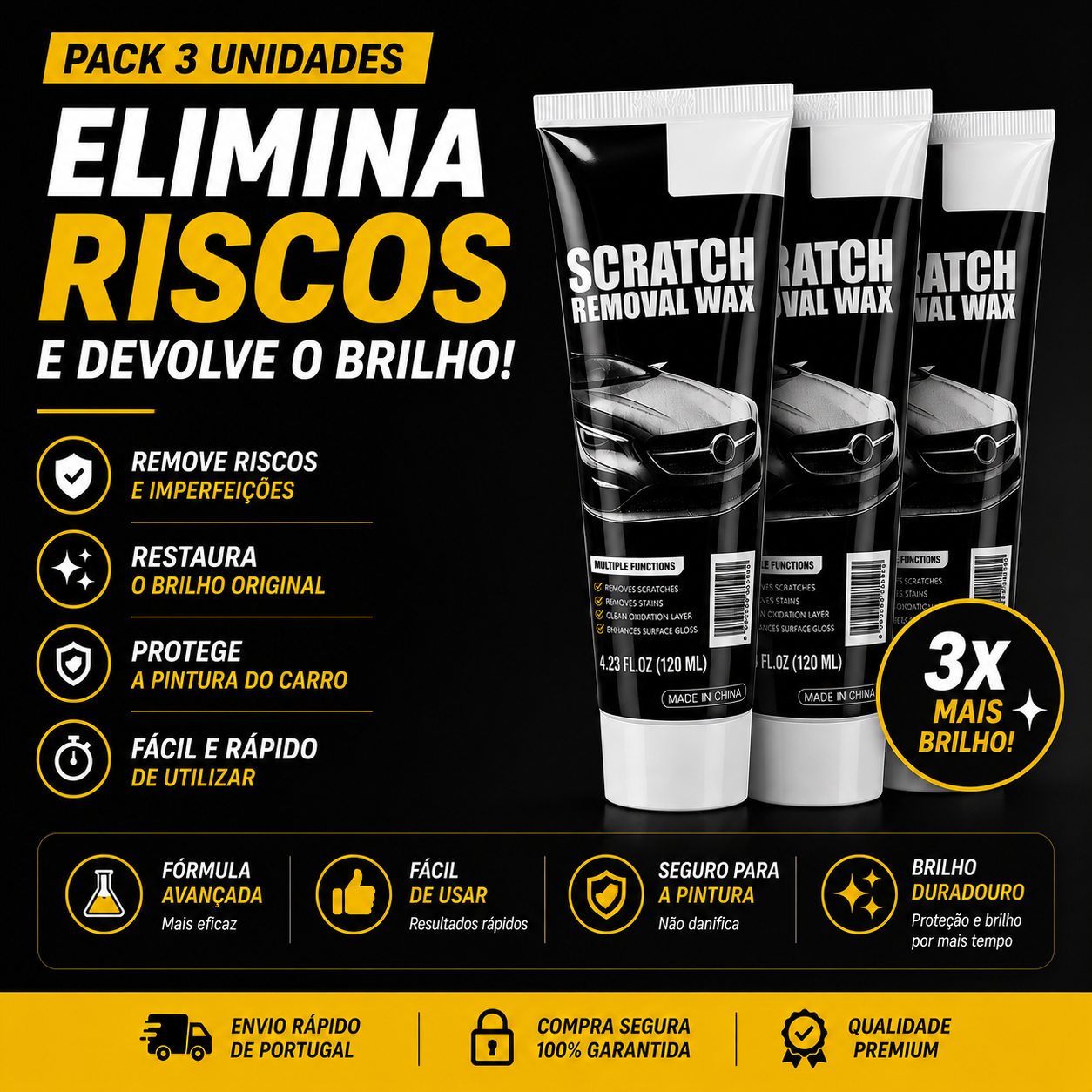 Cera universal para remoção de riscos em automóveis – Remove riscos, manchas e oxidação, e também restaura os faróis! 🚗✨