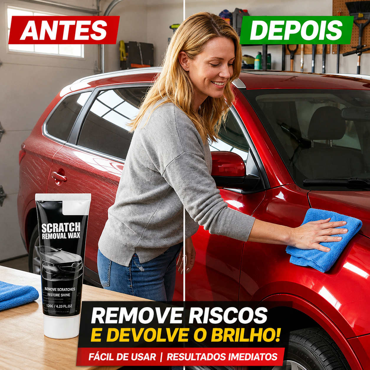 Cera universal para remoção de riscos em automóveis – Remove riscos, manchas e oxidação, e também restaura os faróis! 🚗✨